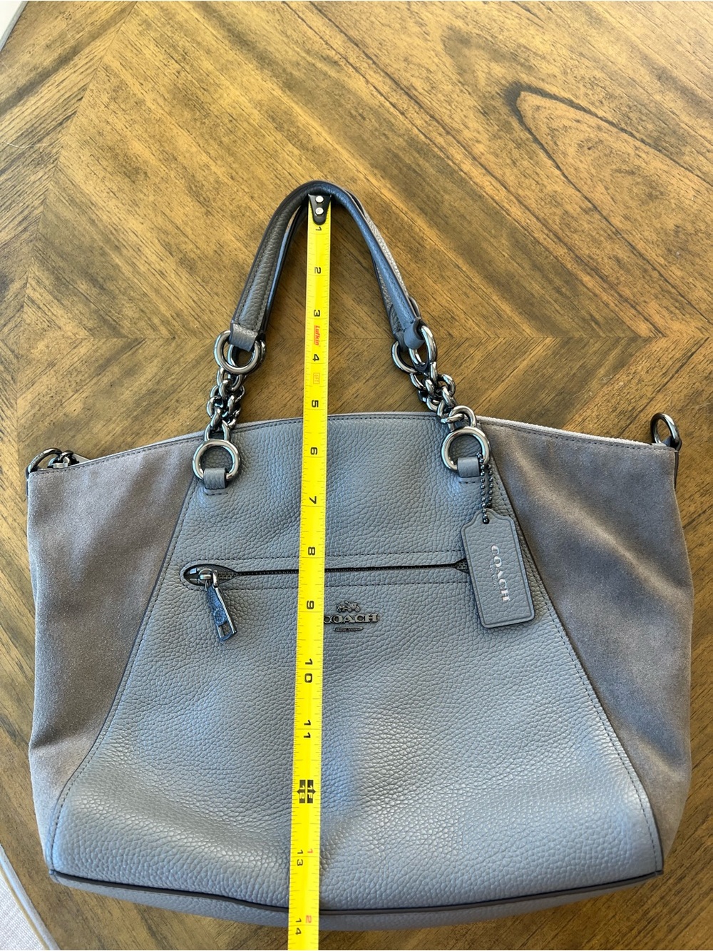 Coach -Gray Pebbled Leather Satchel with Suede and Chain Detail - Picture 17 of 17